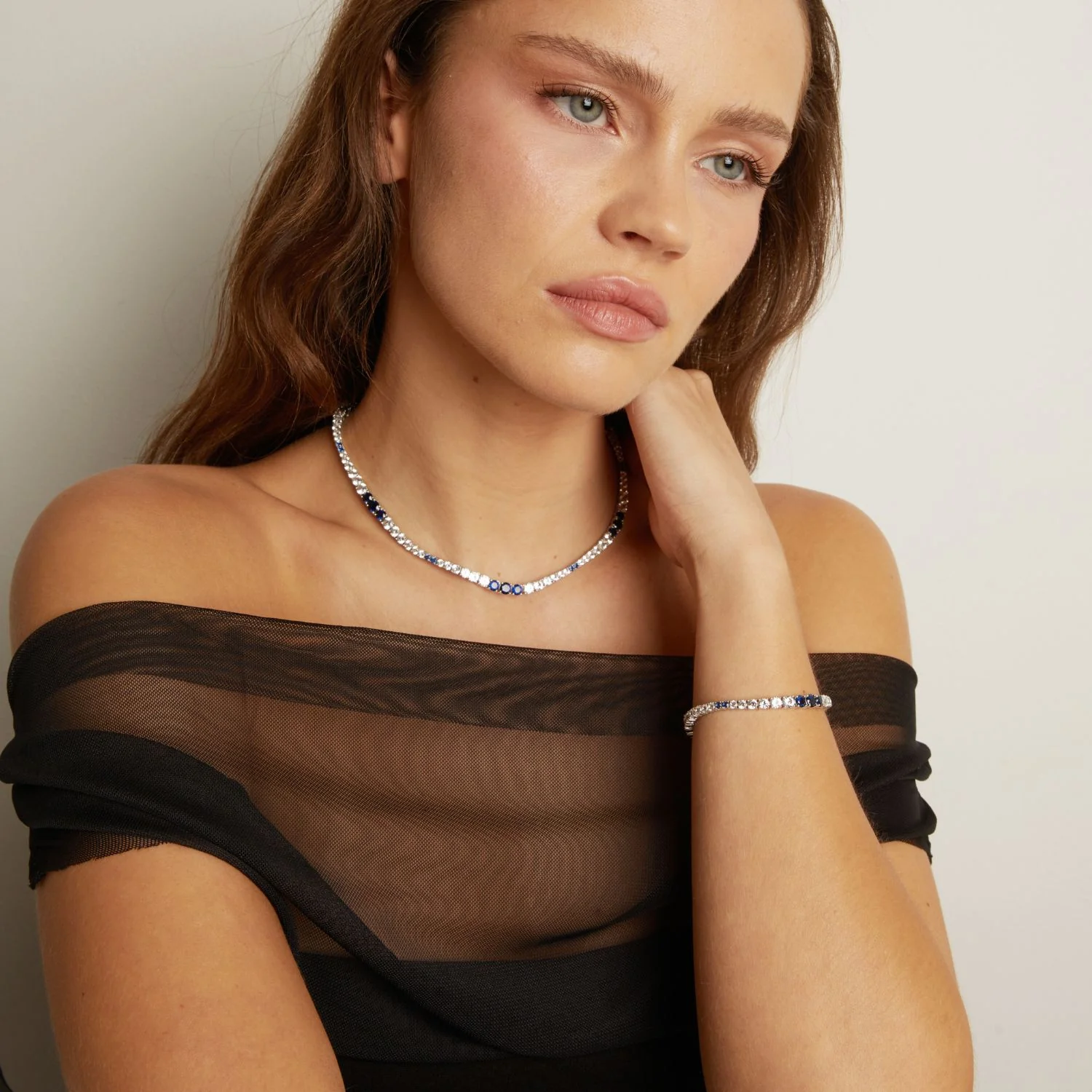 Lab Grown Blue Sapphire and White Sapphire Scalloped Tennis Bracelet - Image 4