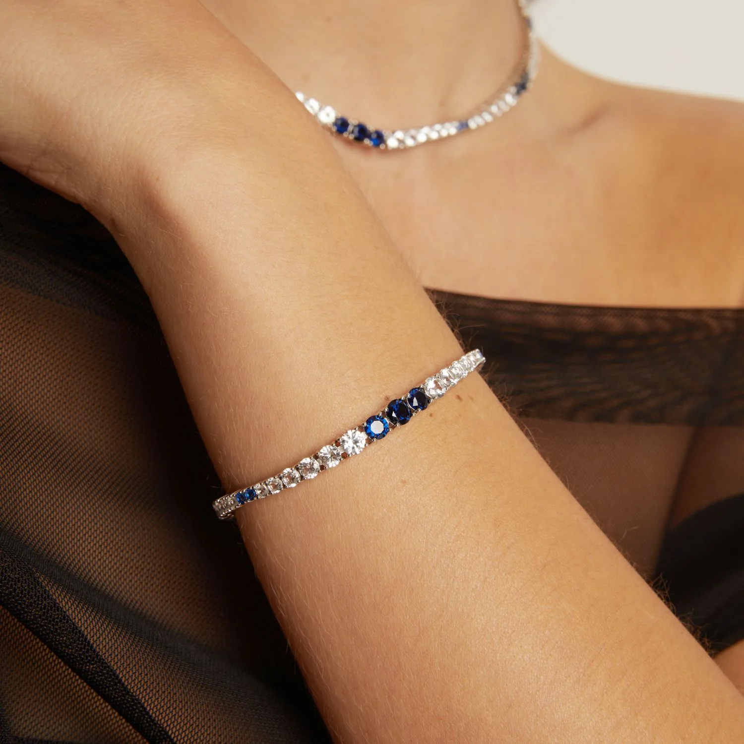 Lab Grown Blue Sapphire and White Sapphire Scalloped Tennis Bracelet - Image 5