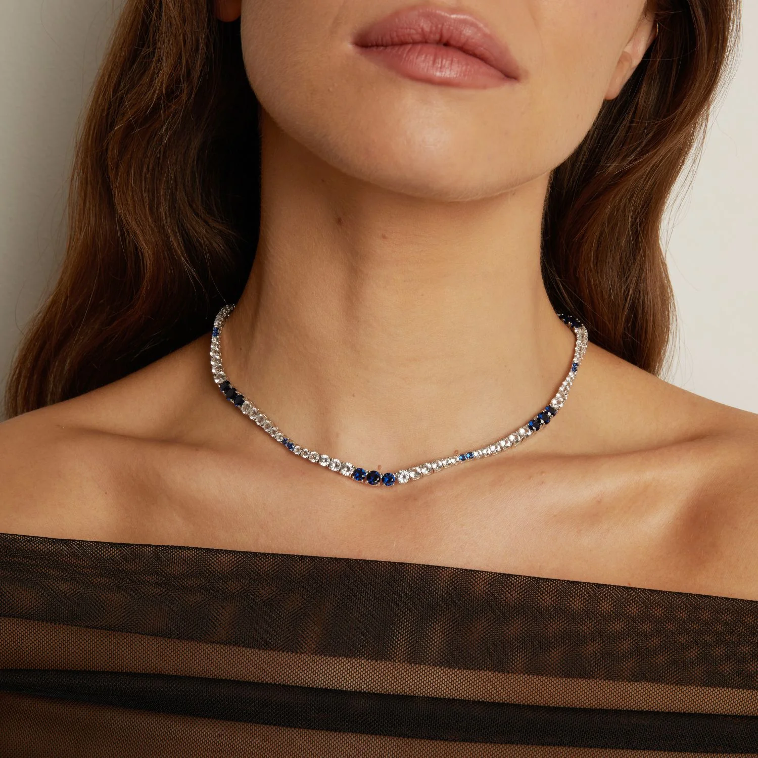 Lab Grown Blue Sapphire and White Sapphire Scalloped Tennis Necklace - Image 3