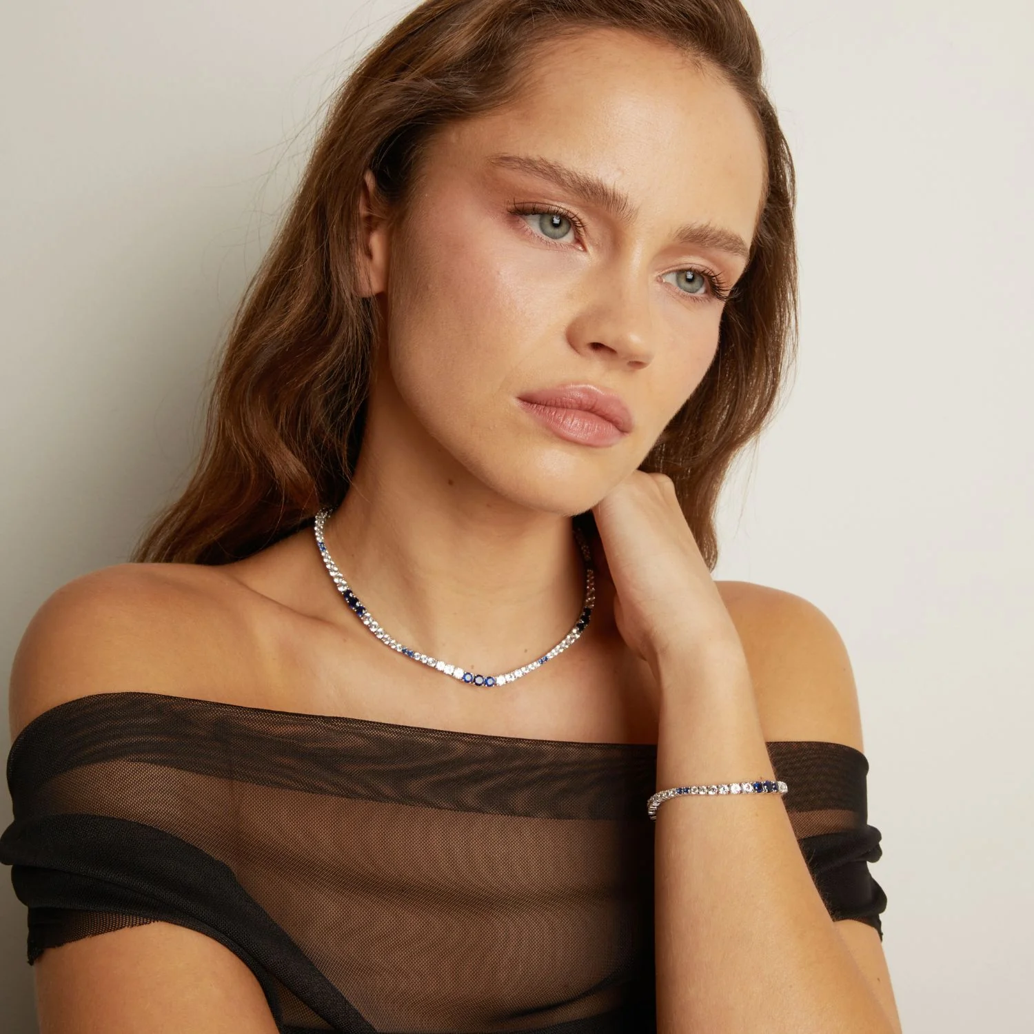 Lab Grown Blue Sapphire and White Sapphire Scalloped Tennis Necklace - Image 5