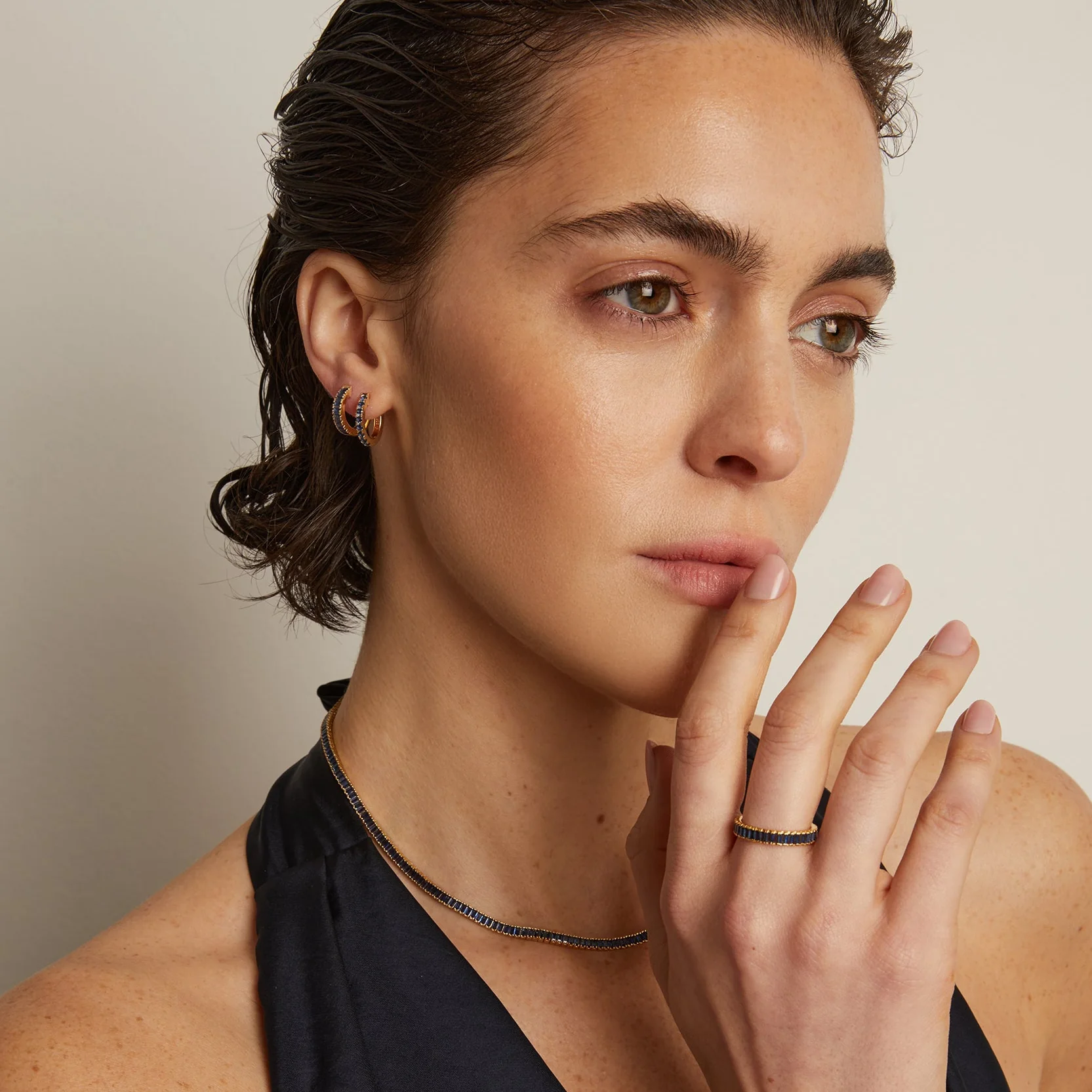 Lab Grown Blue Sapphire Baguette Huggie Earrings - Image 5