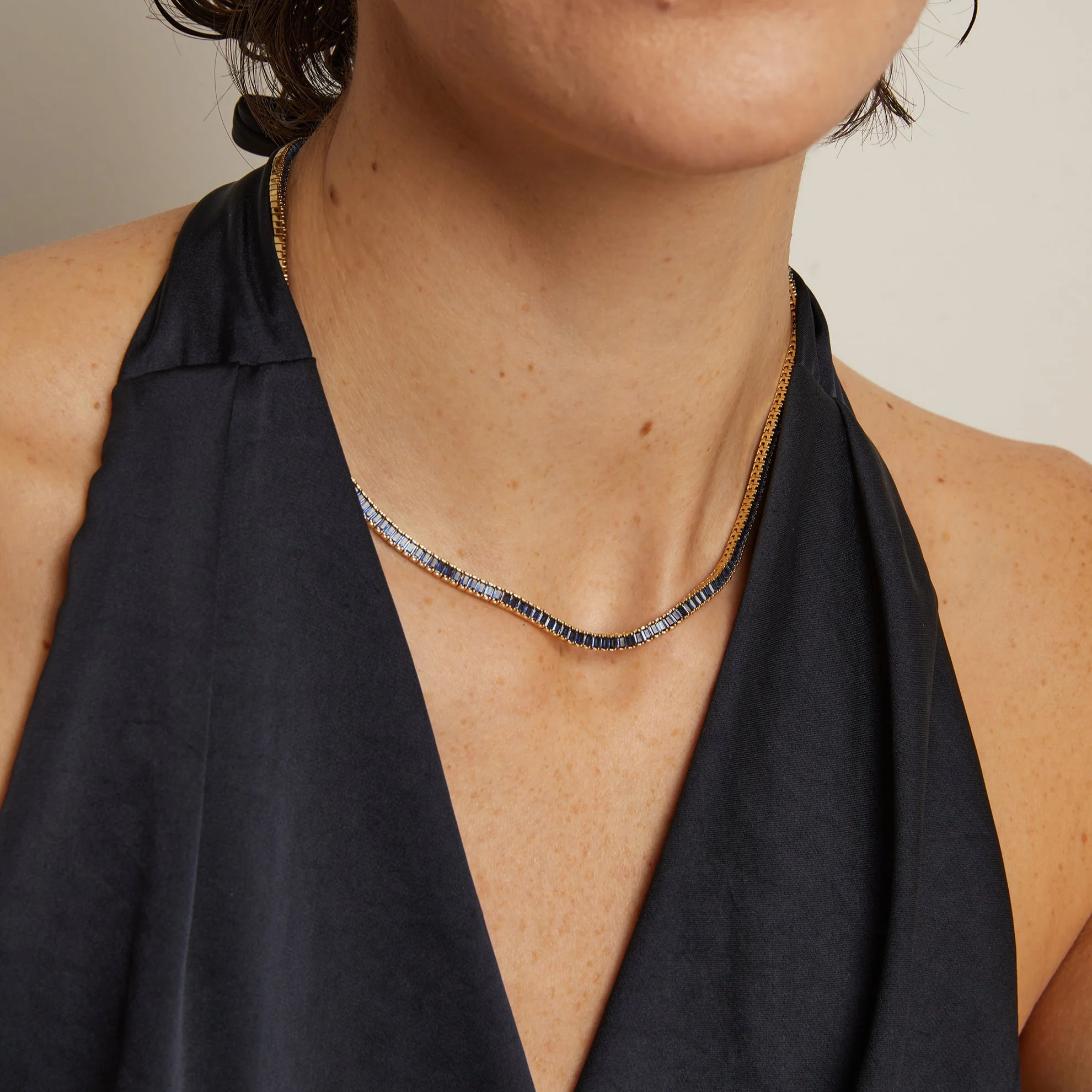 Lab Grown Blue Sapphire Baguette Tennis Necklace - Image 7