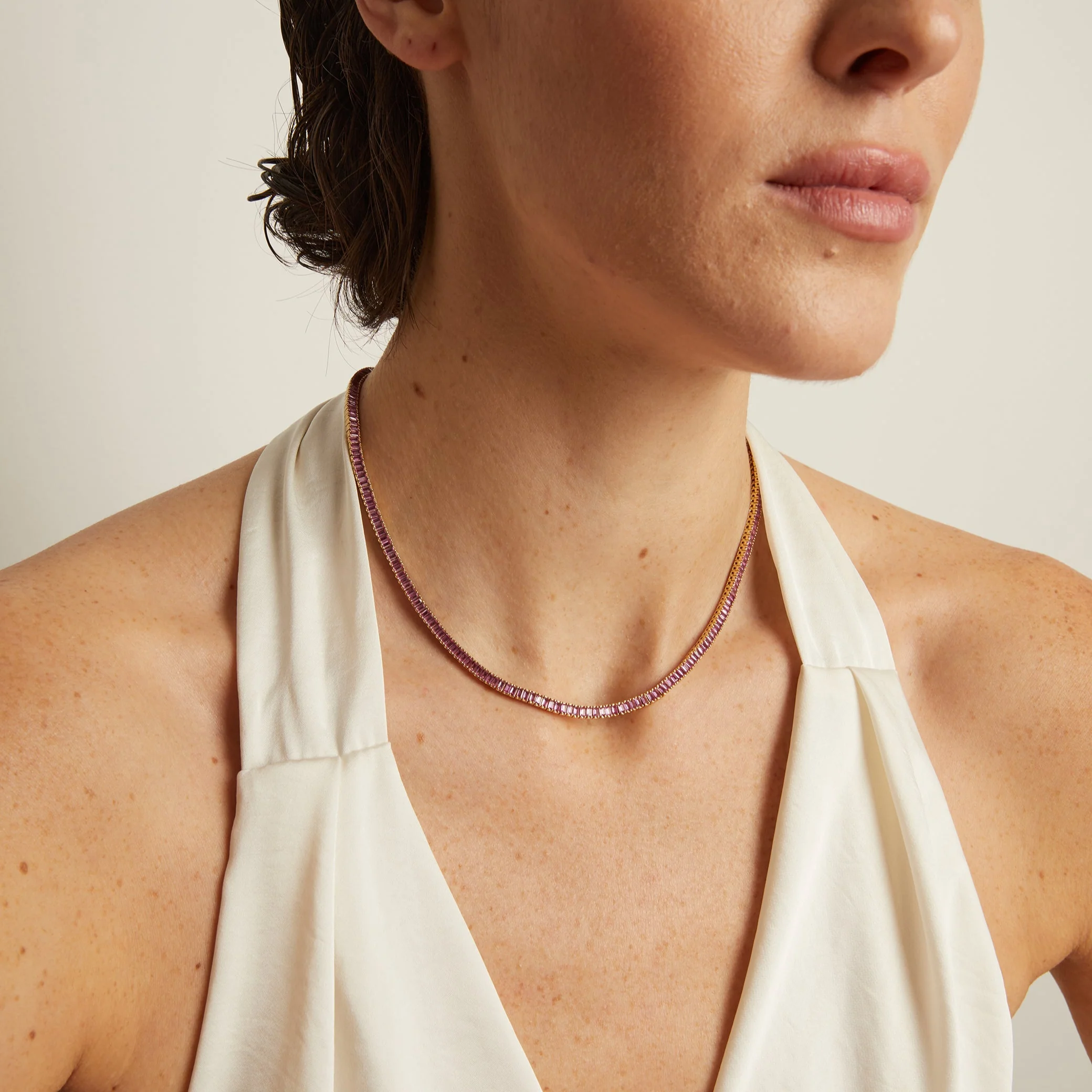 Lab Grown Pink Sapphire Baguette Tennis Necklace - Image 5