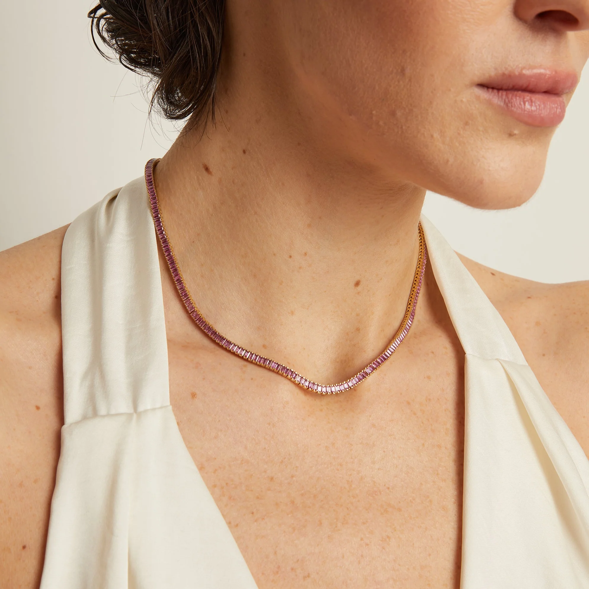 Lab Grown Pink Sapphire Baguette Tennis Necklace - Image 7