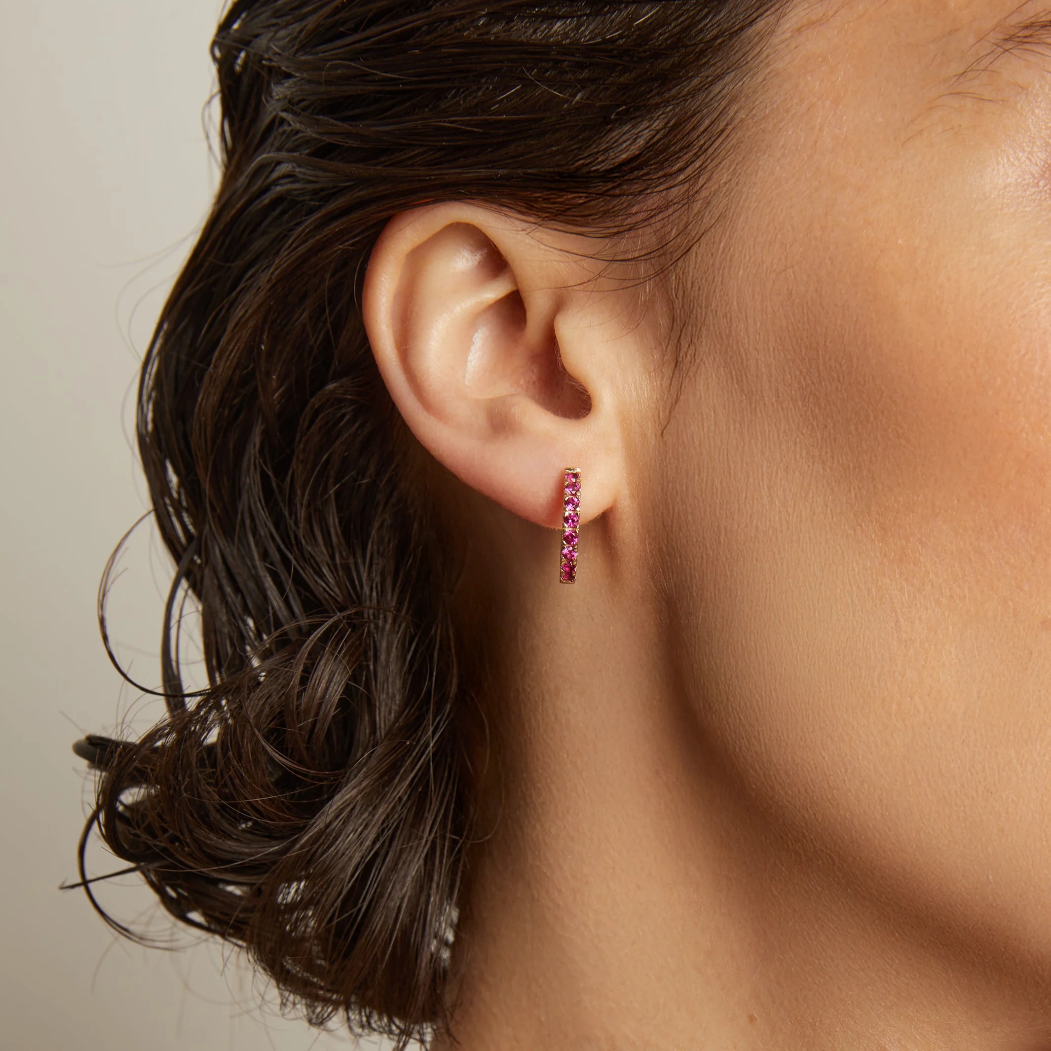 Lab Grown Red Ruby Huggie Earrings - Image 3