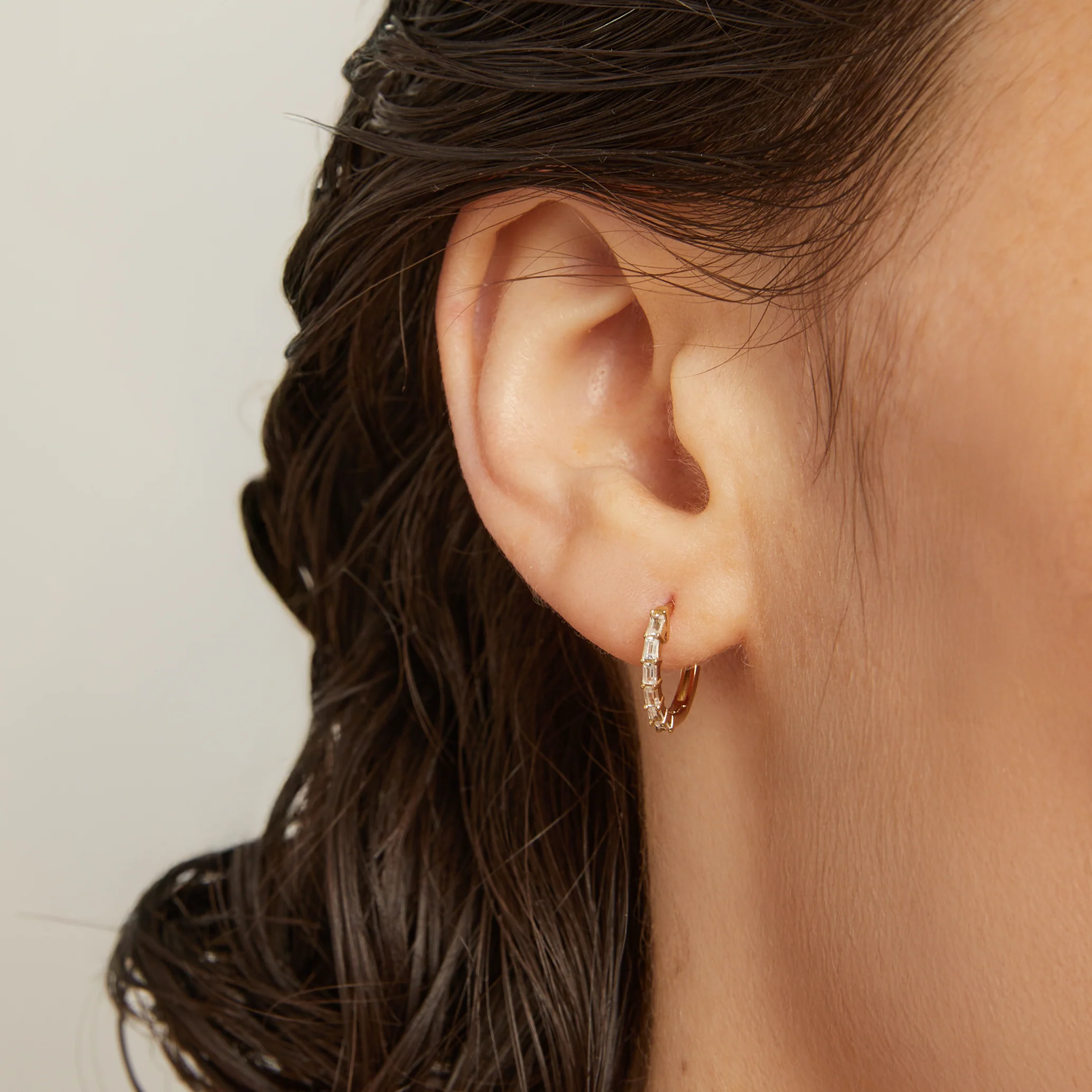 Lab Grown White Sapphire Vertical Baguette Huggie Earrings - Image 3