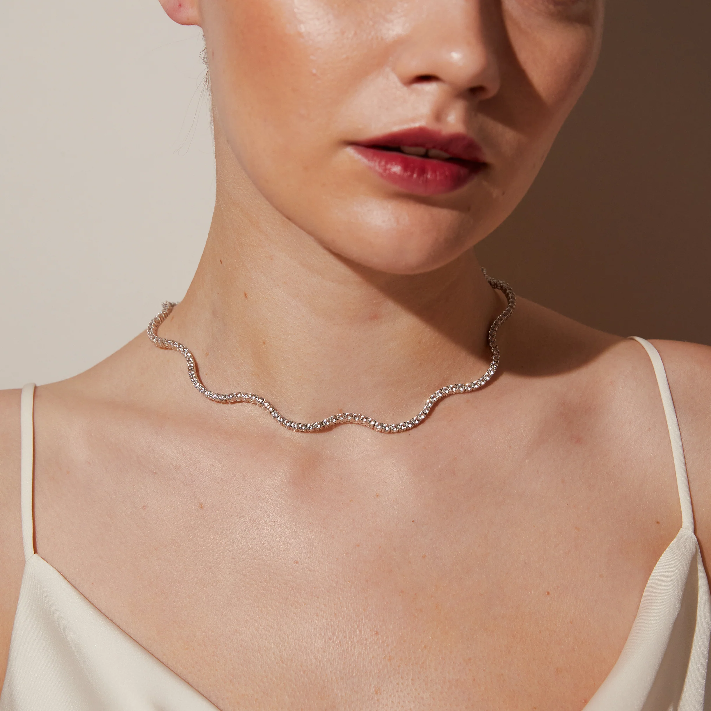 Lab Grown White Sapphire Wave Tennis Necklace - Image 7